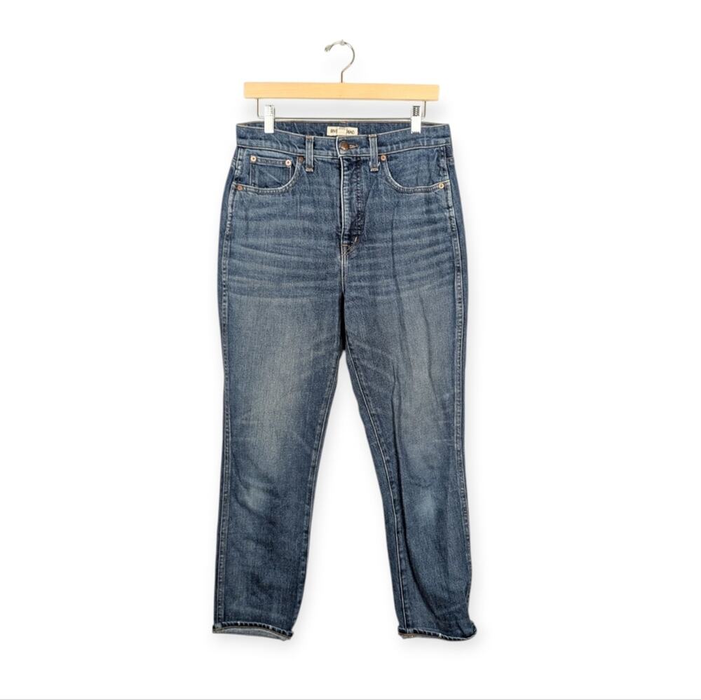 Rivet Thread Slim Straight Jeans 28 Medium Wash High Rise Stretch Denim